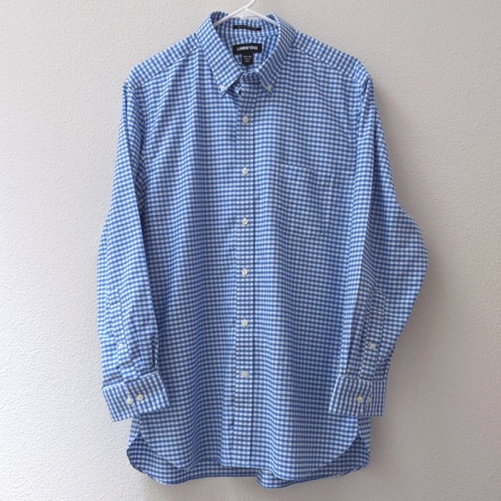 Lands' End Slim Fit No Iron Oxford blue & white dress shirt size 16.5-32